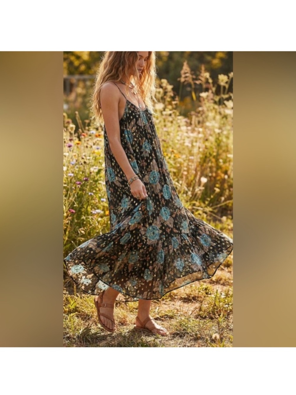 NATURAL LIFE Black Maxi Dress with Blue Floral Print